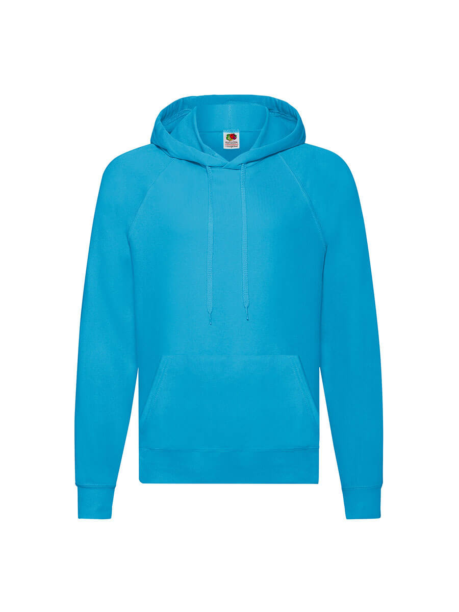 Felpa con cappuccio azzurra, ideale per stampa personalizzata con logo o grafica aziendale. Abbigliamento promozionale online.