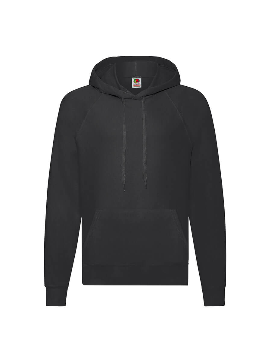 Felpa con cappuccio nera, ideale per stampa logo aziendale o grafica personalizzata. Abbigliamento promozionale e merchandising.