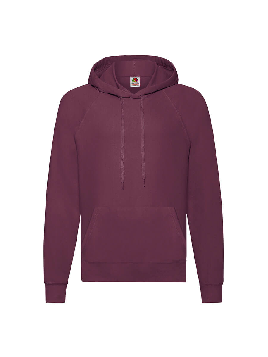 Felpa con cappuccio bordeaux raglan, ideale per stampa logo aziendale o grafica personalizzata. Abbigliamento promozionale per aziende.
