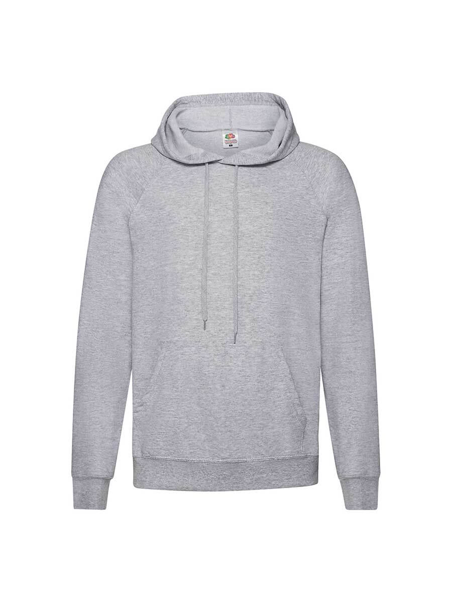 Felpa con cappuccio grigia chiara, modello unisex, con tasca a marsupio e cordino. Ideale per stampa personalizzata del tuo logo o grafica.
