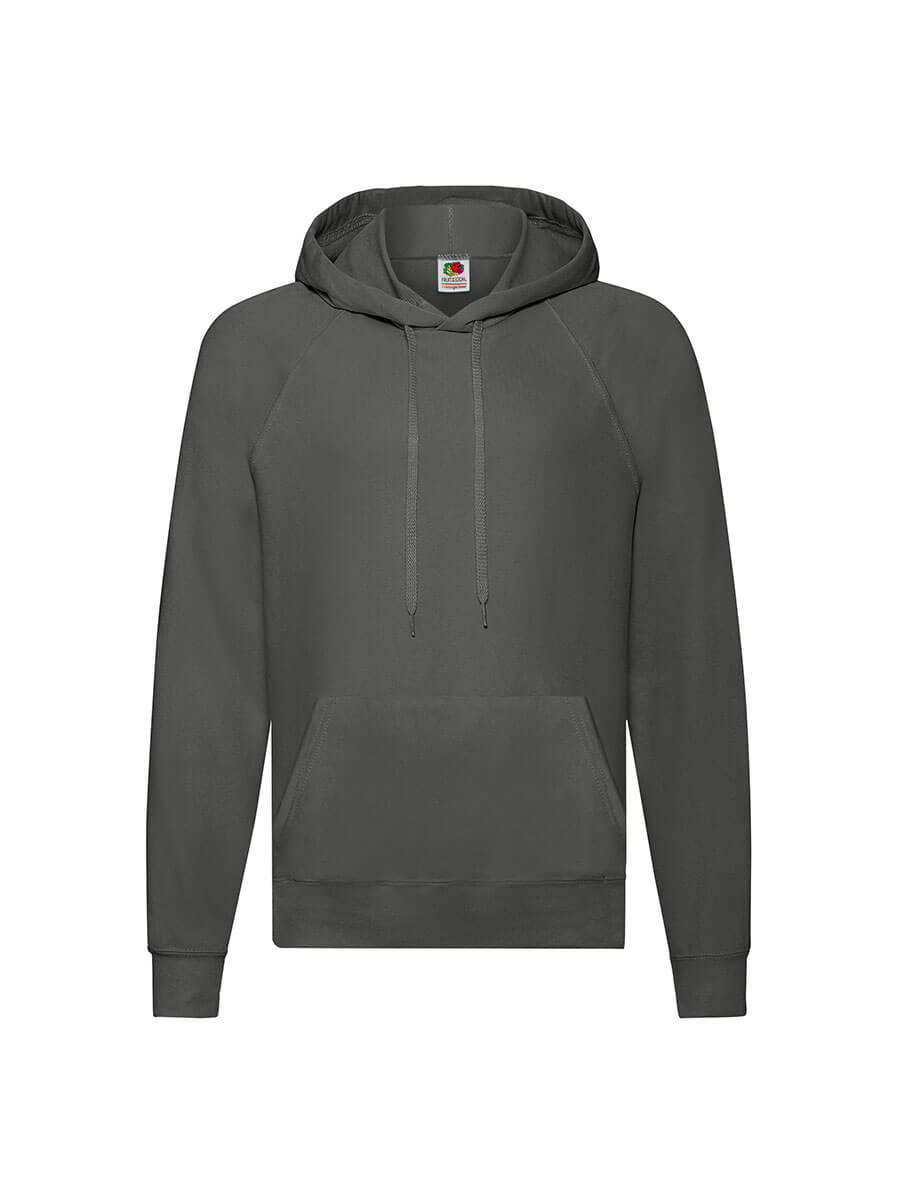 Felpa con cappuccio grigio antracite, ideale per stampa logo aziendale o grafica personalizzata. Abbigliamento promozionale e merchandising.