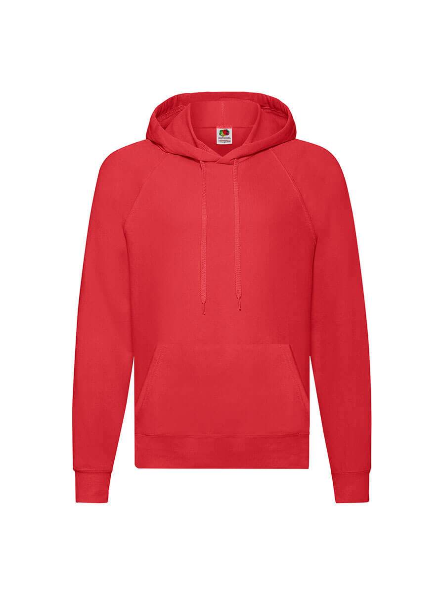 Felpa rossa con cappuccio e tasca frontale, ideale per stampa personalizzata online. Abbigliamento promozionale e merchandising.
