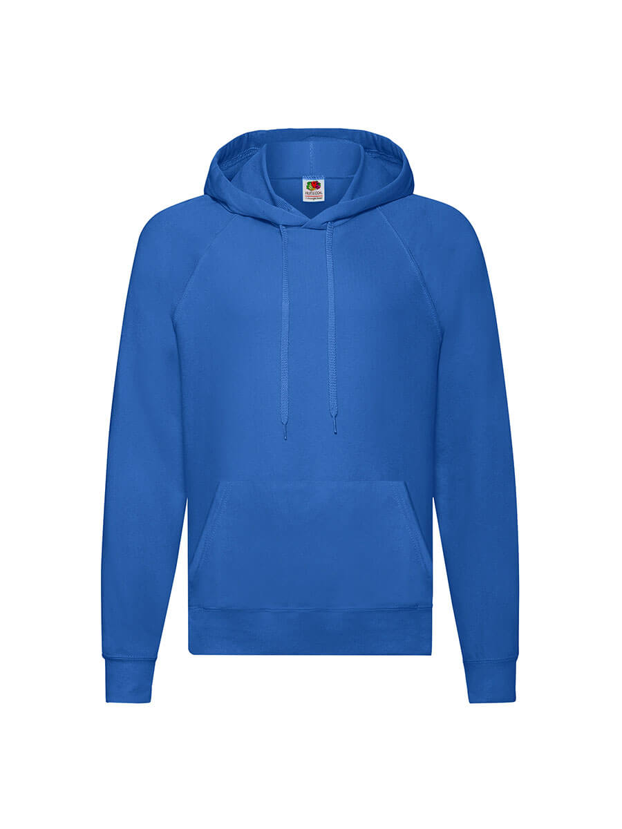 Felpa blu con cappuccio personalizzabile, ideale per stampa logo aziendale o grafica promozionale. Abbigliamento personalizzato online.