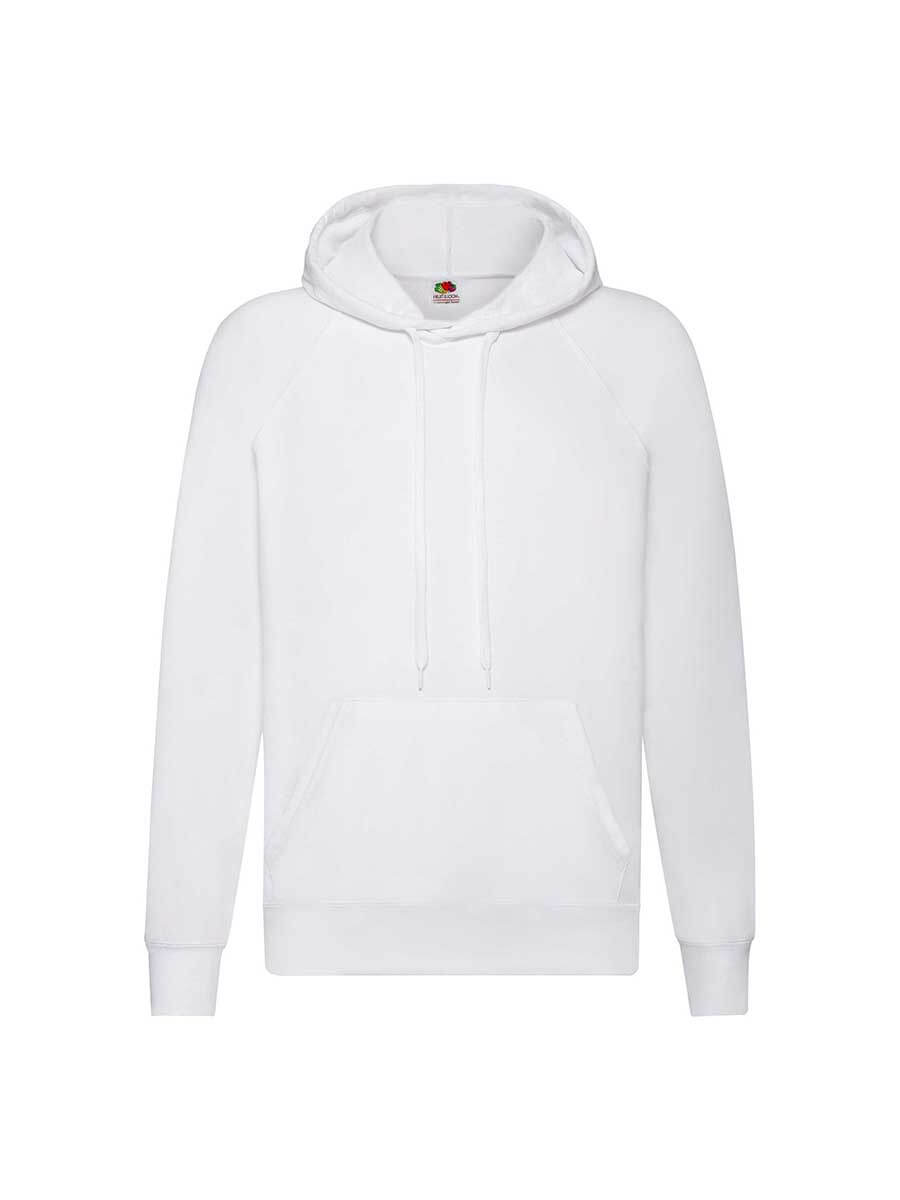 Felpa bianca con cappuccio, ideale per stampa personalizzata con logo o grafica aziendale. Abbigliamento promozionale di alta qualità.