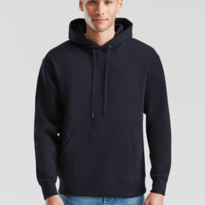 Felpa con cappuccio blu navy da uomo, personalizzabile con stampa del tuo logo aziendale o grafica promozionale.