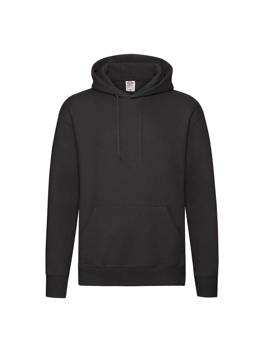 Felpa con cappuccio nera, ideale per stampa personalizzata con logo o grafica aziendale. Abbigliamento promozionale di alta qualità.