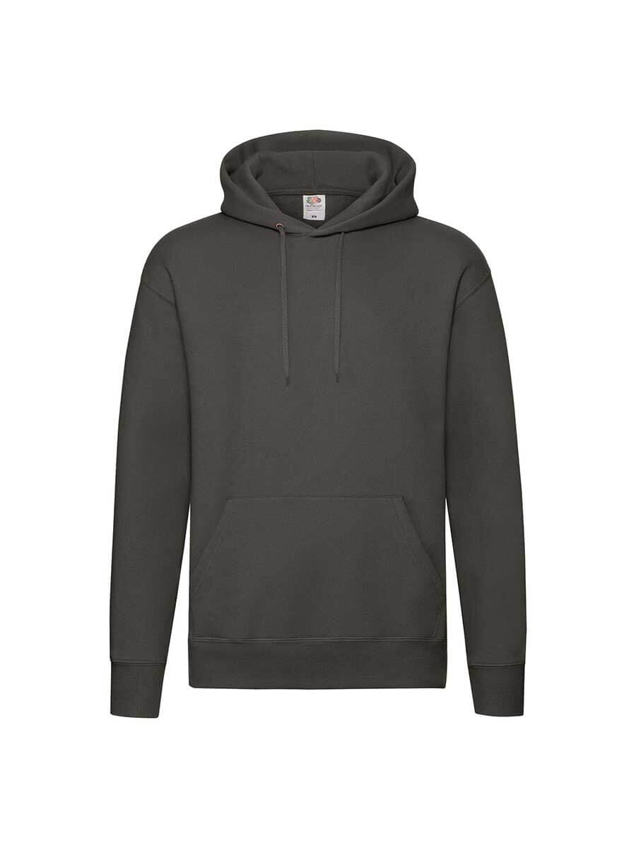 Felpa con cappuccio grigio scuro, ideale per stampa personalizzata con logo o grafica aziendale. Abbigliamento promozionale di alta qualità.