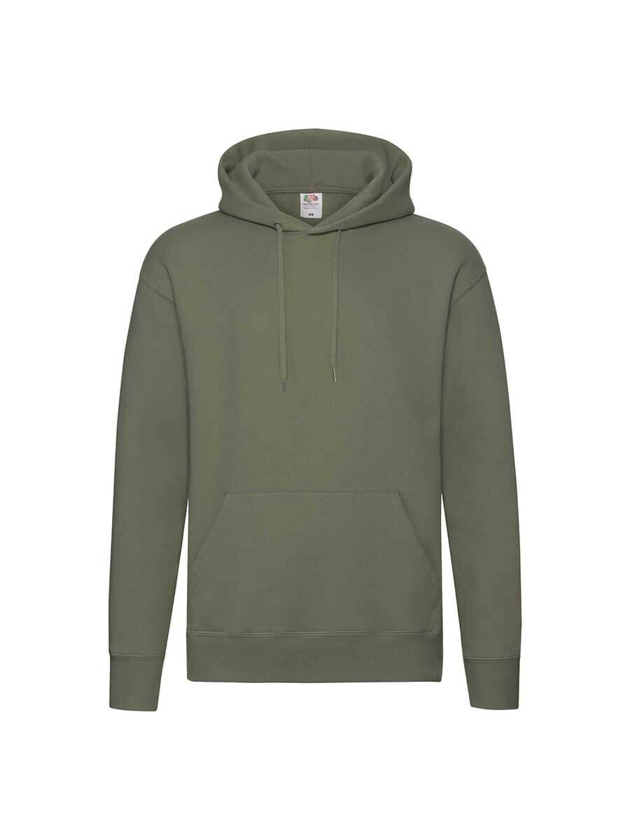 Felpa con cappuccio verde oliva neutra, ideale per stampa logo aziendale o grafica personalizzata. Abbigliamento promozionale di qualità.