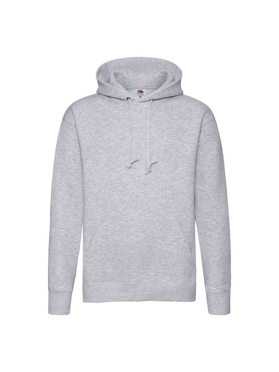 Felpa con cappuccio grigia neutra, ideale per stampa personalizzata con logo o grafica aziendale. Abbigliamento promozionale di qualità.