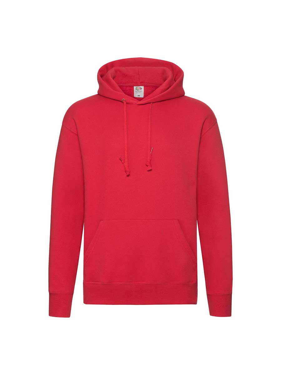 Felpa rossa con cappuccio, ideale per stampa personalizzata con logo o grafica aziendale. Abbigliamento promozionale e merchandising.