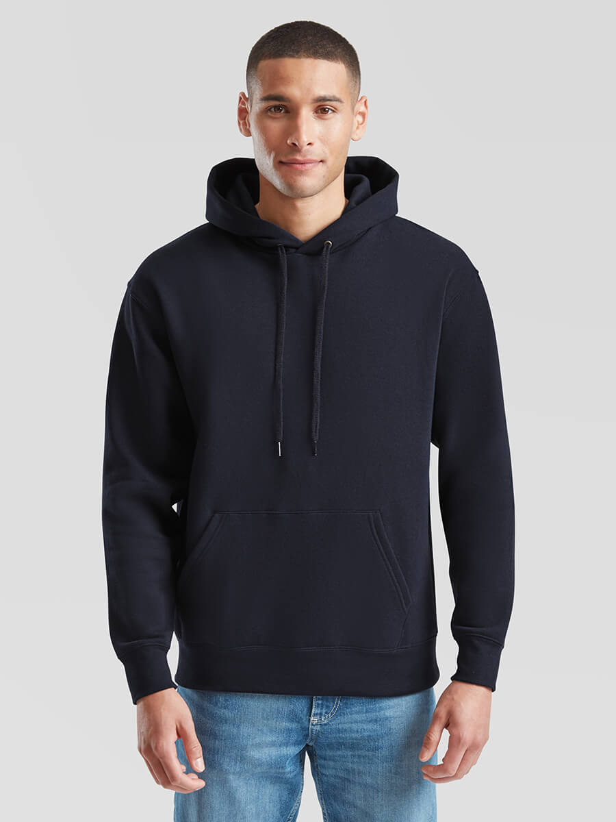 Felpa con cappuccio blu navy da uomo, personalizzabile con stampa del tuo logo aziendale o grafica promozionale.