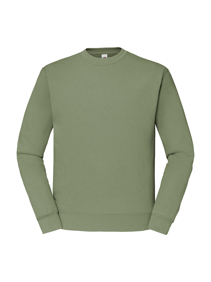 Felpa girocollo verde oliva neutra, ideale per stampa personalizzata con logo aziendale o grafica promozionale. Perfetta per merchandising e abbigliamento da lavoro.