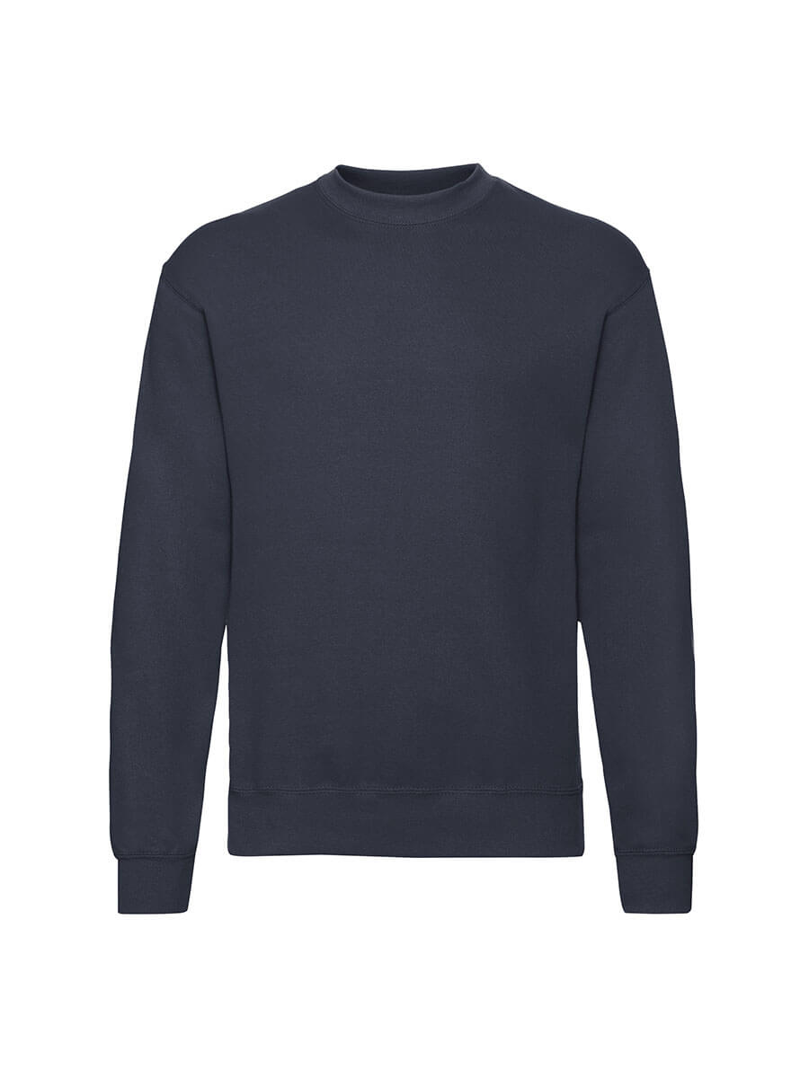 Felpa blu scuro girocollo, ideale per stampa logo aziendale o grafica personalizzata. Abbigliamento promozionale e merchandising.