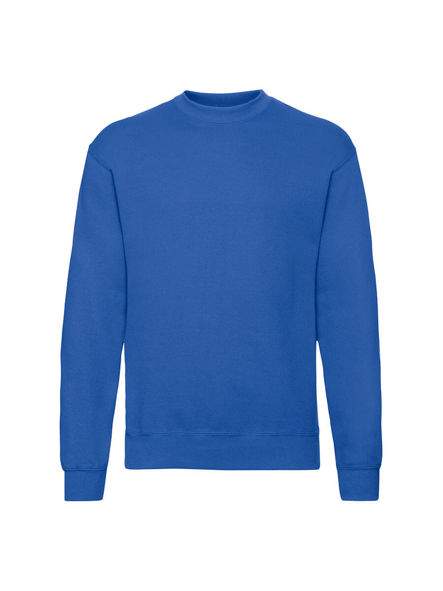 Felpa blu girocollo personalizzabile con logo o grafica, ideale per abbigliamento promozionale e merchandising aziendale.
