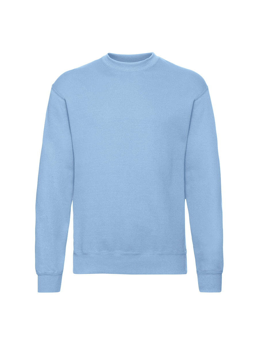 Felpa girocollo azzurra, ideale per stampa logo o grafica personalizzata. Abbigliamento promozionale e merchandising.