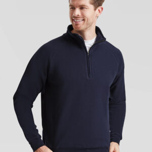 Felpa uomo mezza zip blu scuro, ideale per stampa logo aziendale o grafica personalizzata. Abbigliamento promozionale online.