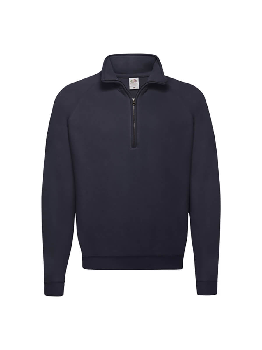 Felpa mezza zip blu scuro, ideale per stampa logo aziendale o grafica personalizzata. Abbigliamento promozionale di alta qualità per aziende.