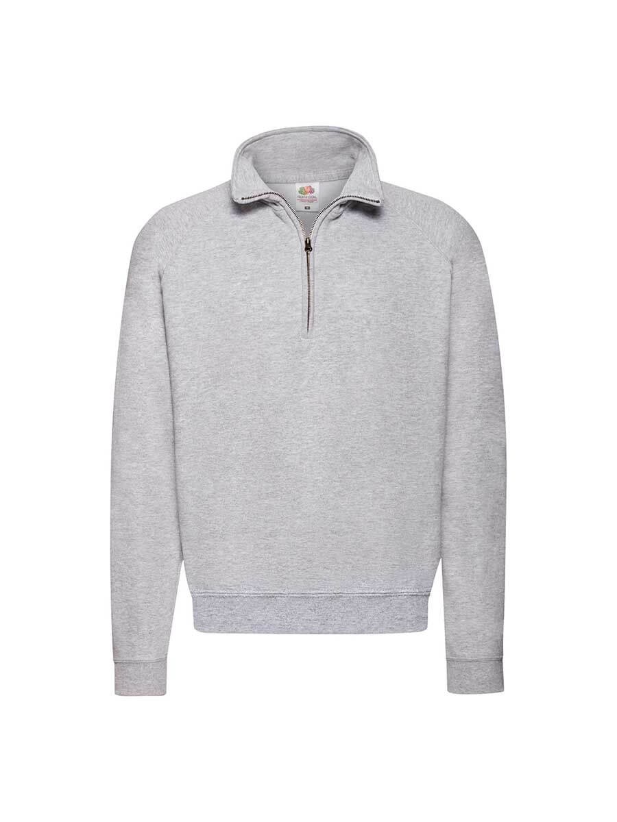 Felpa grigia mezza zip personalizzabile con logo o grafica. Ideale per abbigliamento promozionale e aziendale.