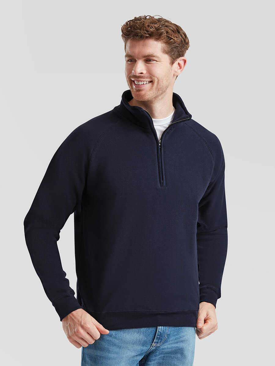 Felpa uomo mezza zip blu scuro, ideale per stampa logo aziendale o grafica personalizzata. Abbigliamento promozionale online.
