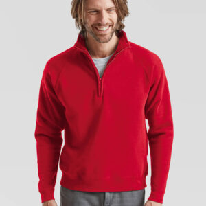 Felpa rossa con zip personalizzabile, ideale per abbigliamento promozionale e merchandising aziendale. Stampa online.