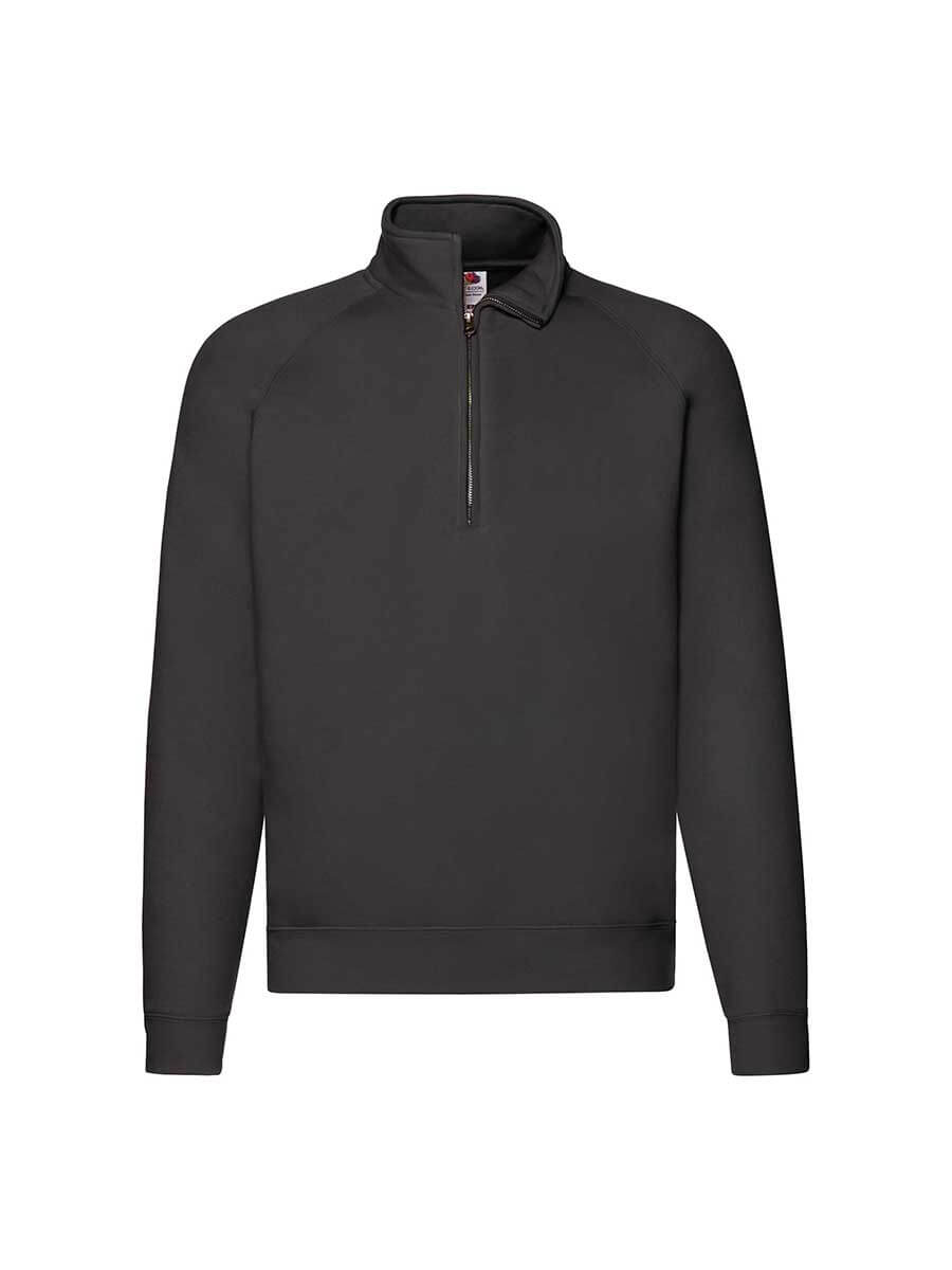Felpa mezza zip uomo nera, ideale per stampa logo aziendale o grafica personalizzata. Abbigliamento promozionale e merchandising.