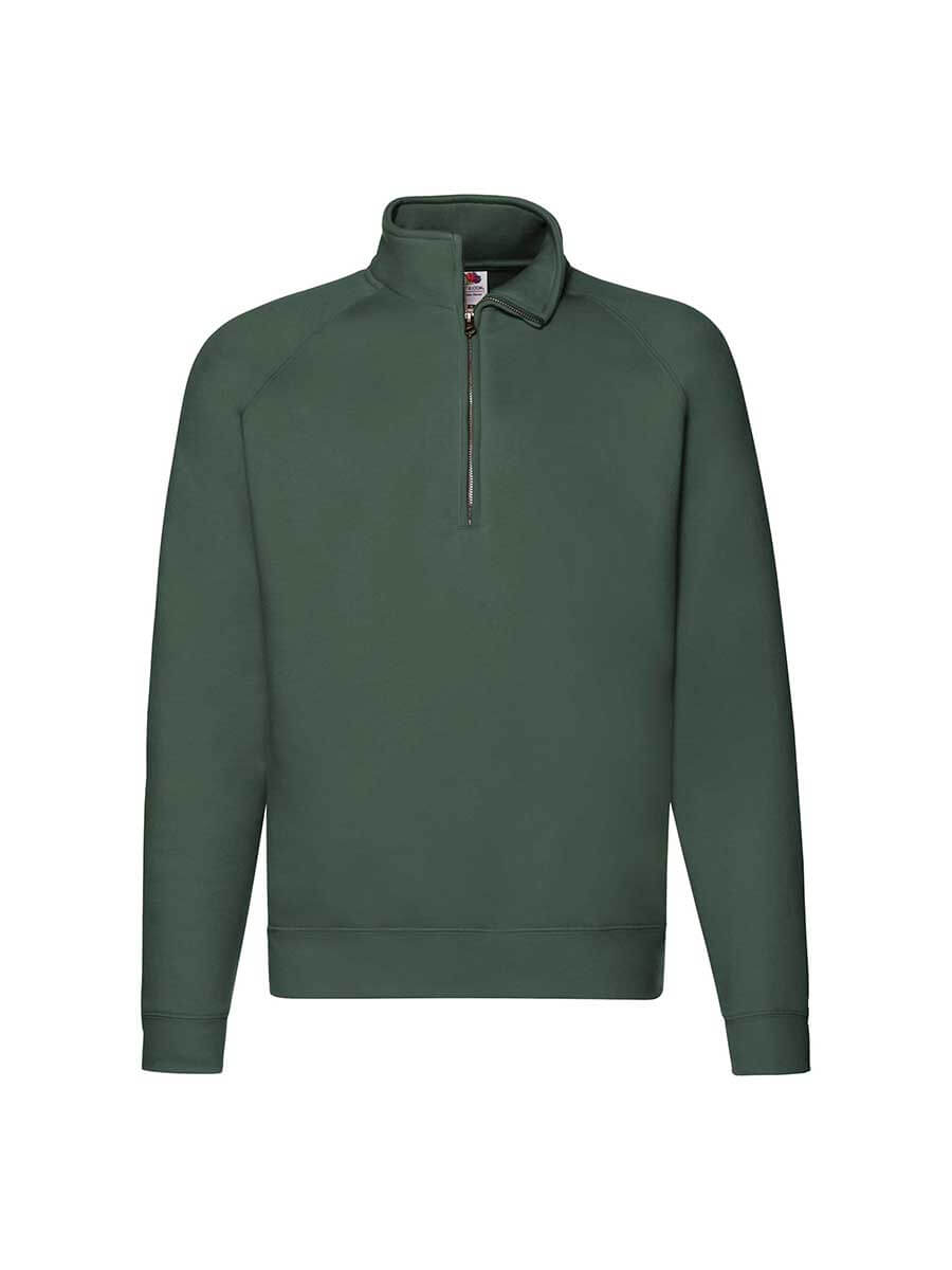 Felpa verde con zip 1/4 personalizzabile, ideale per abbigliamento promozionale e merchandising aziendale. Stampa online.