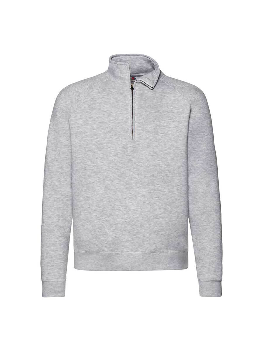 Felpa grigia mezza zip raglan, ideale per stampa logo aziendale o grafica personalizzata. Abbigliamento promozionale e merchandising.