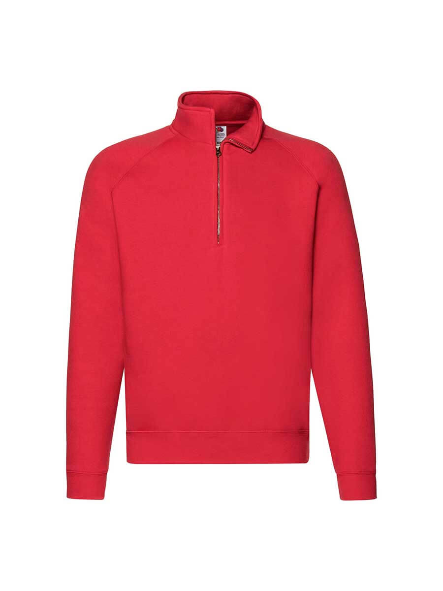Felpa rossa mezza zip personalizzabile con logo o grafica, ideale per abbigliamento promozionale e merchandising aziendale. Stampa online in Italia.