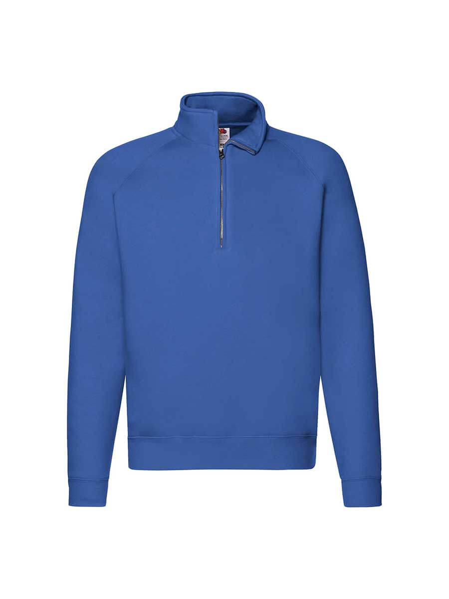 Felpa mezza zip blu personalizzabile con logo o grafica aziendale. Abbigliamento promozionale stampato online, ideale per aziende e eventi.