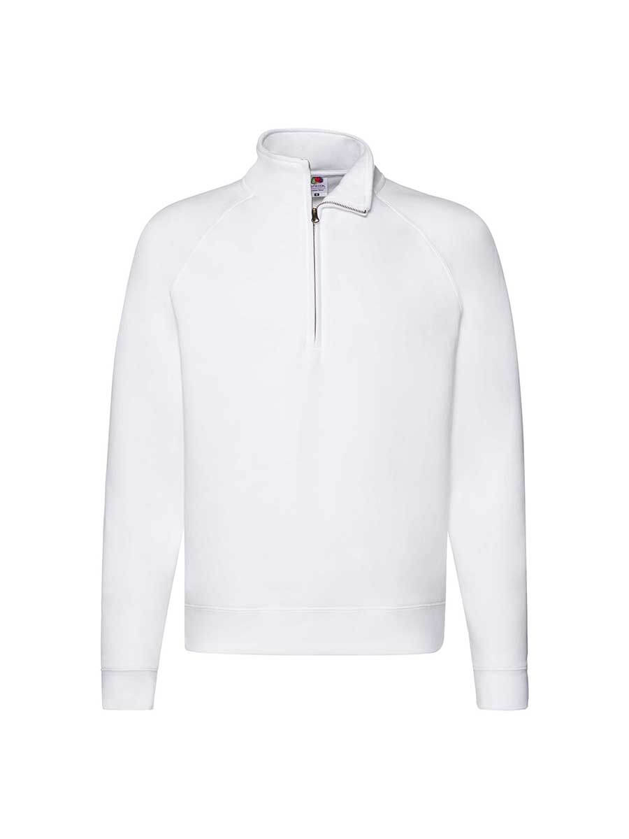 Felpa bianca mezza zip raglan, ideale per stampa logo aziendale o grafica personalizzata. Abbigliamento promozionale.