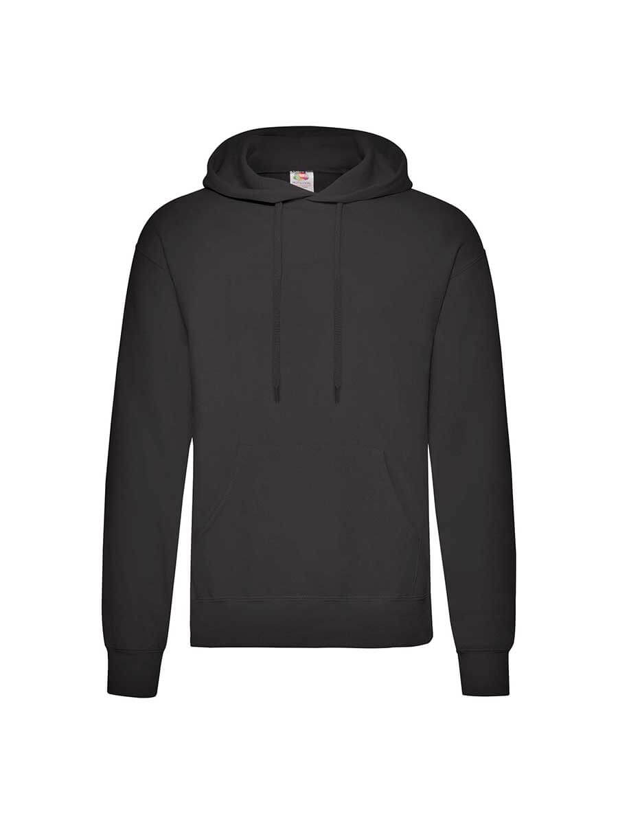 Felpa con cappuccio nera, ideale per stampa personalizzata con logo o grafica aziendale. Perfetta per abbigliamento promozionale e merchandising.