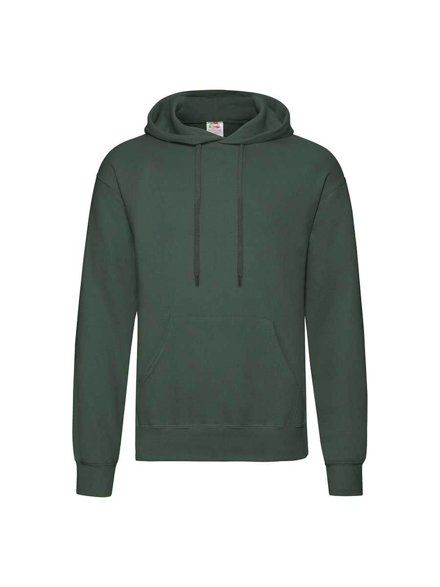 Felpa con cappuccio verde scuro, ideale per stampa logo o grafica personalizzata. Abbigliamento promozionale per aziende.