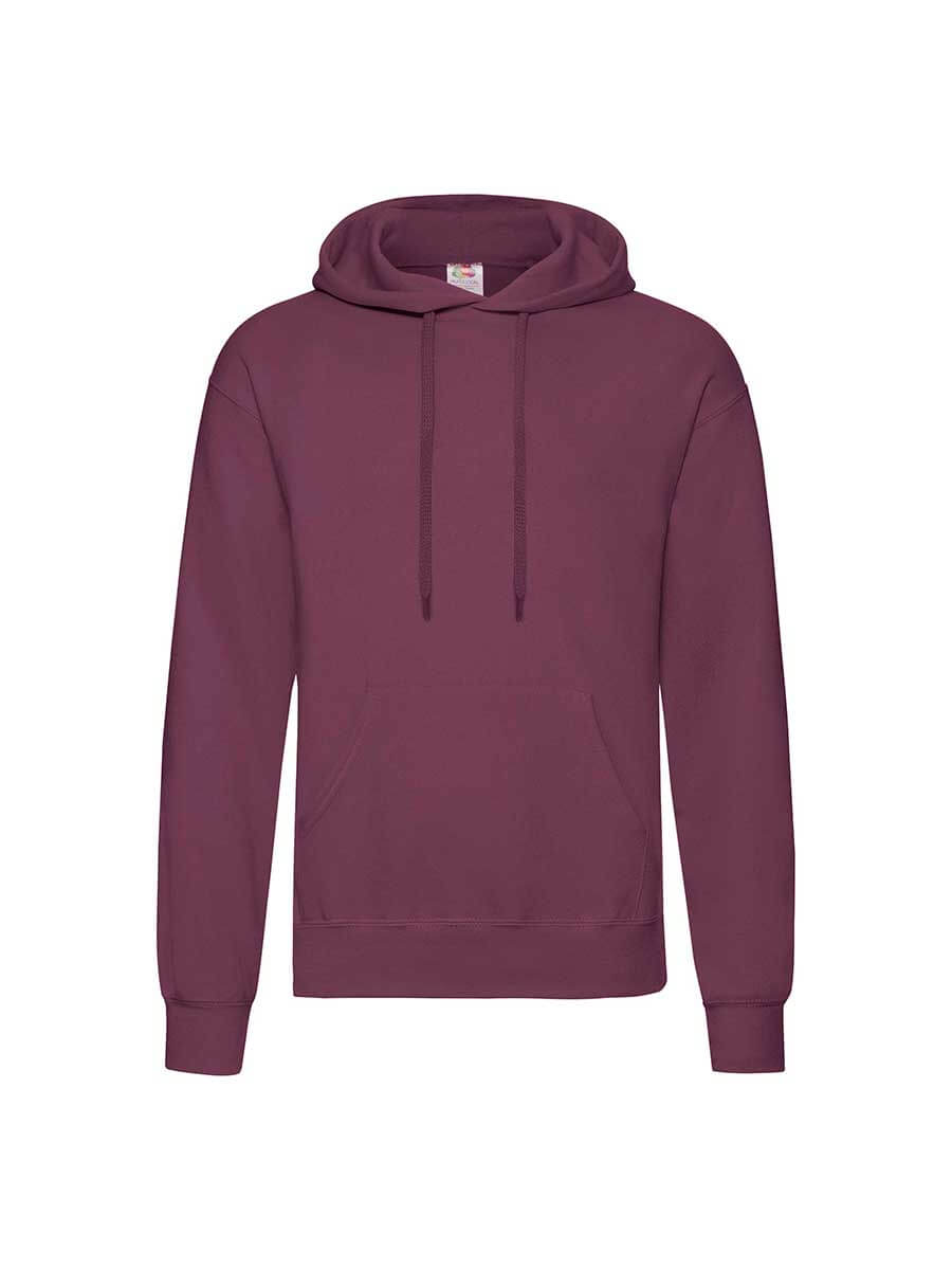 Felpa bordeaux con cappuccio, ideale per stampa logo o grafica personalizzata. Abbigliamento promozionale e merchandising.