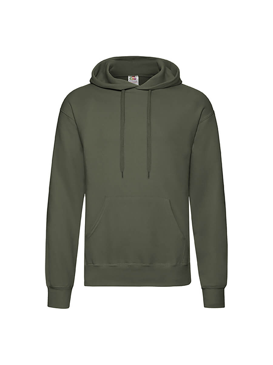 Felpa con cappuccio verde militare, ideale per stampa personalizzata con logo o grafica aziendale. Abbigliamento promozionale online.