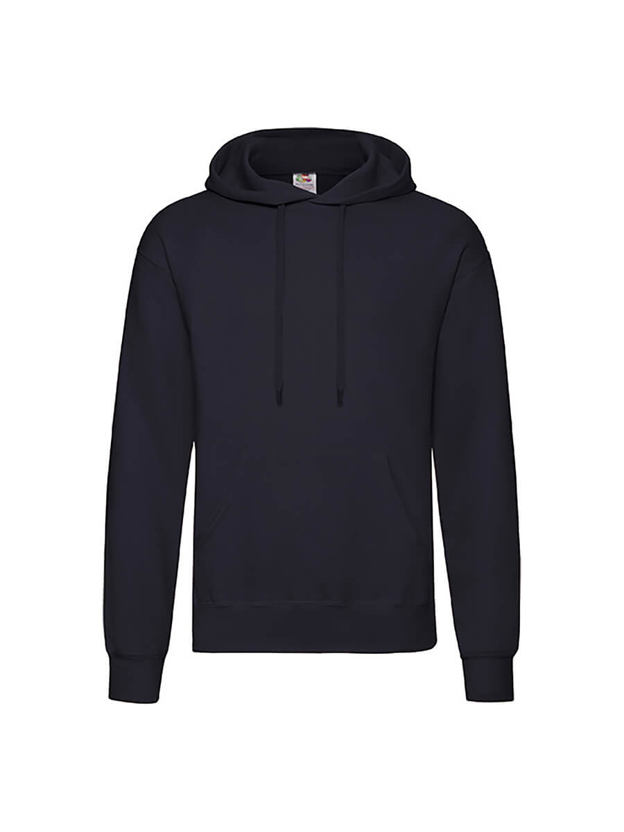 Felpa con cappuccio blu scuro, ideale per stampa personalizzata con logo o grafica aziendale. Abbigliamento promozionale di alta qualità.