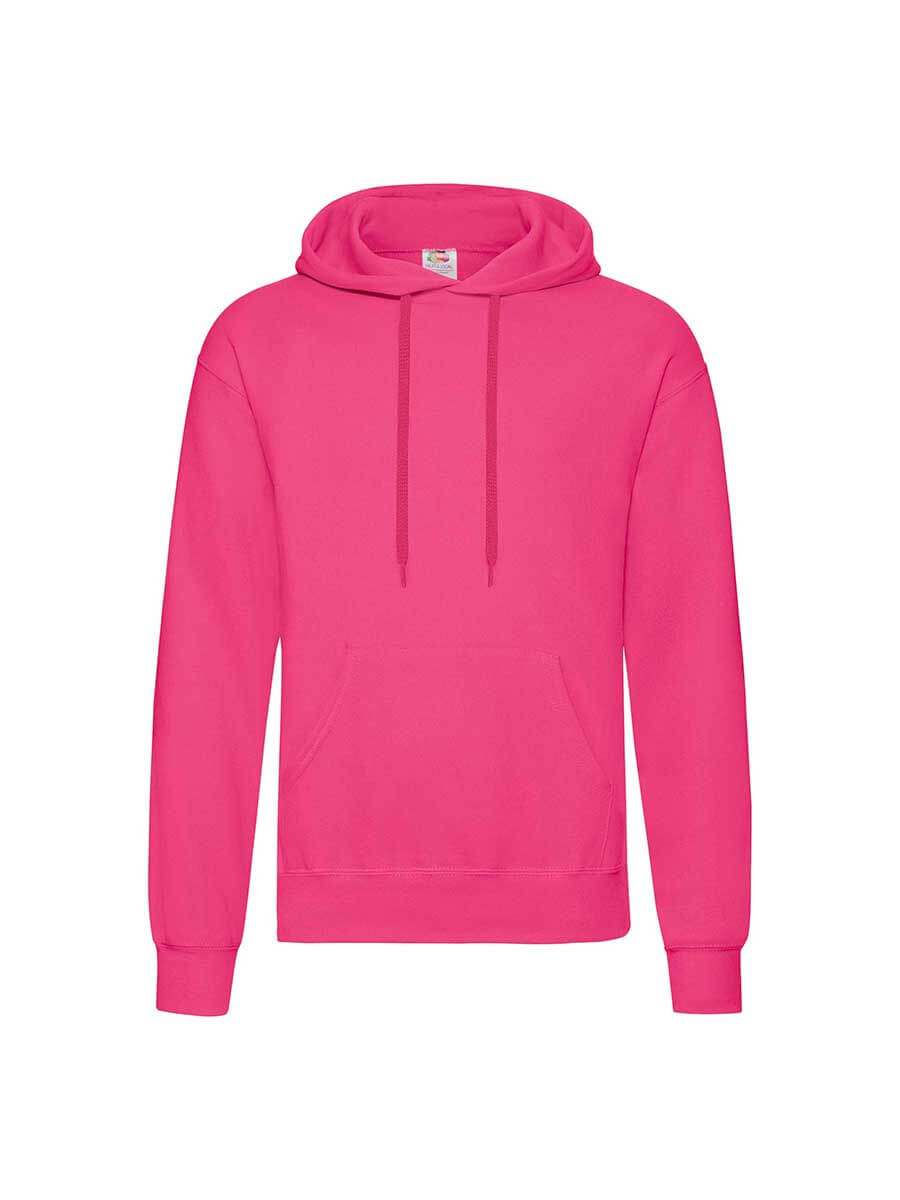Felpa fucsia con cappuccio e tasca frontale, ideale per stampa personalizzata con logo o grafica aziendale. Vendita online e spedizione in tutta Italia.