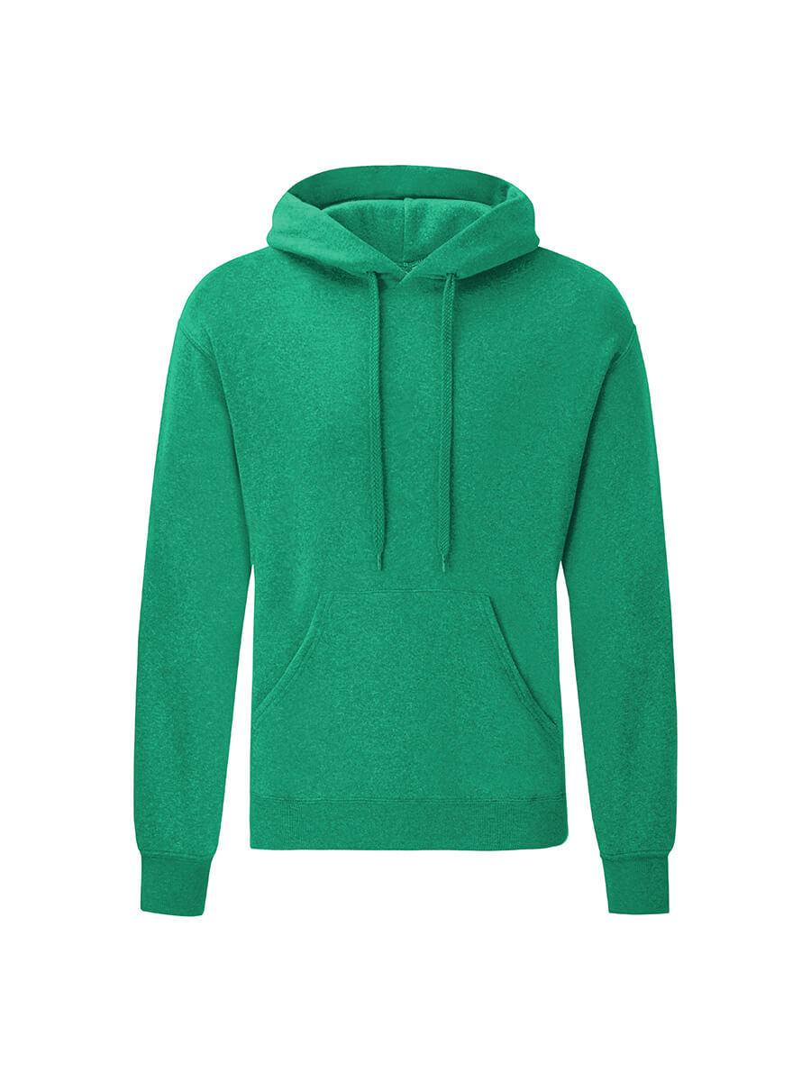 Felpa con cappuccio verde, ideale per stampa personalizzata con logo o grafica aziendale. Abbigliamento promozionale di qualità.