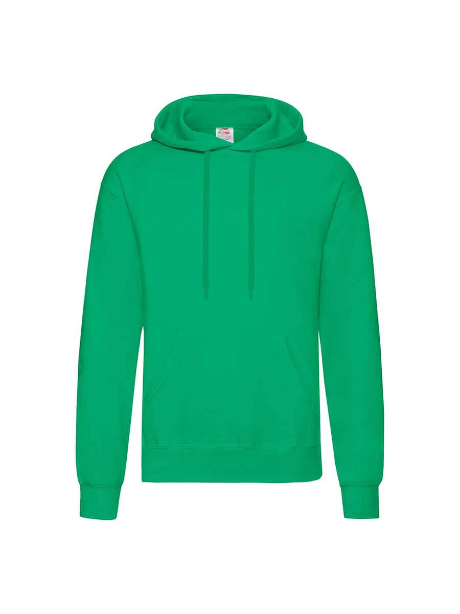 Felpa con cappuccio verde personalizzabile, ideale per stampa logo aziendale o grafica promozionale. Abbigliamento promozionale online.