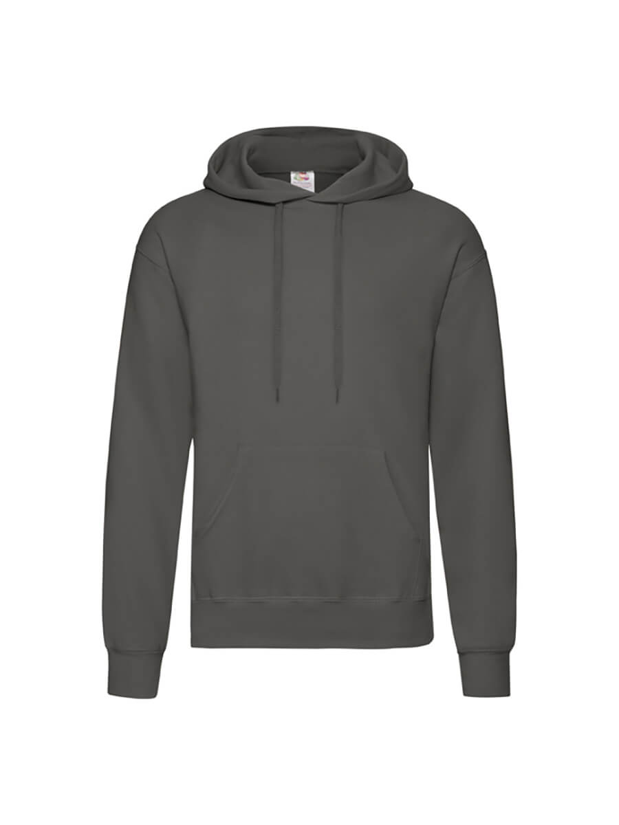 Felpa grigia con cappuccio, ideale per stampa personalizzata con logo o grafica. Abbigliamento promozionale e merchandising.