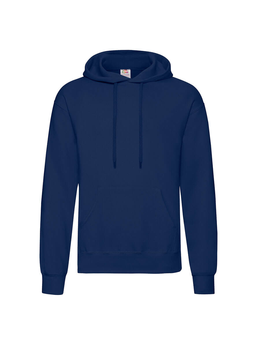 Felpa blu con cappuccio, ideale per stampa personalizzata con logo o grafica aziendale. Abbigliamento promozionale di qualità.