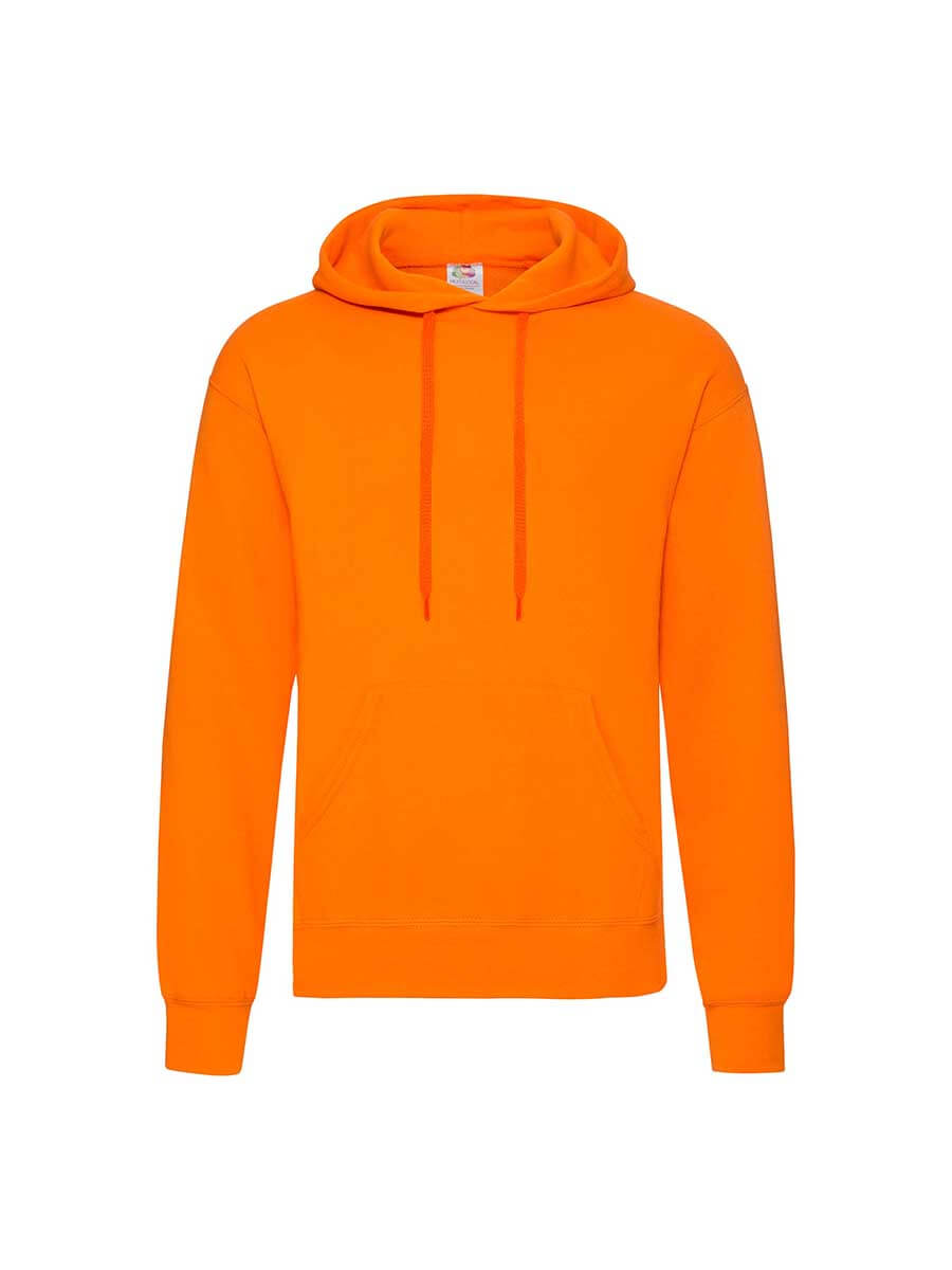 Felpa arancione con cappuccio, ideale per stampa personalizzata con logo o grafica aziendale. Perfetta per abbigliamento promozionale e merchandising.