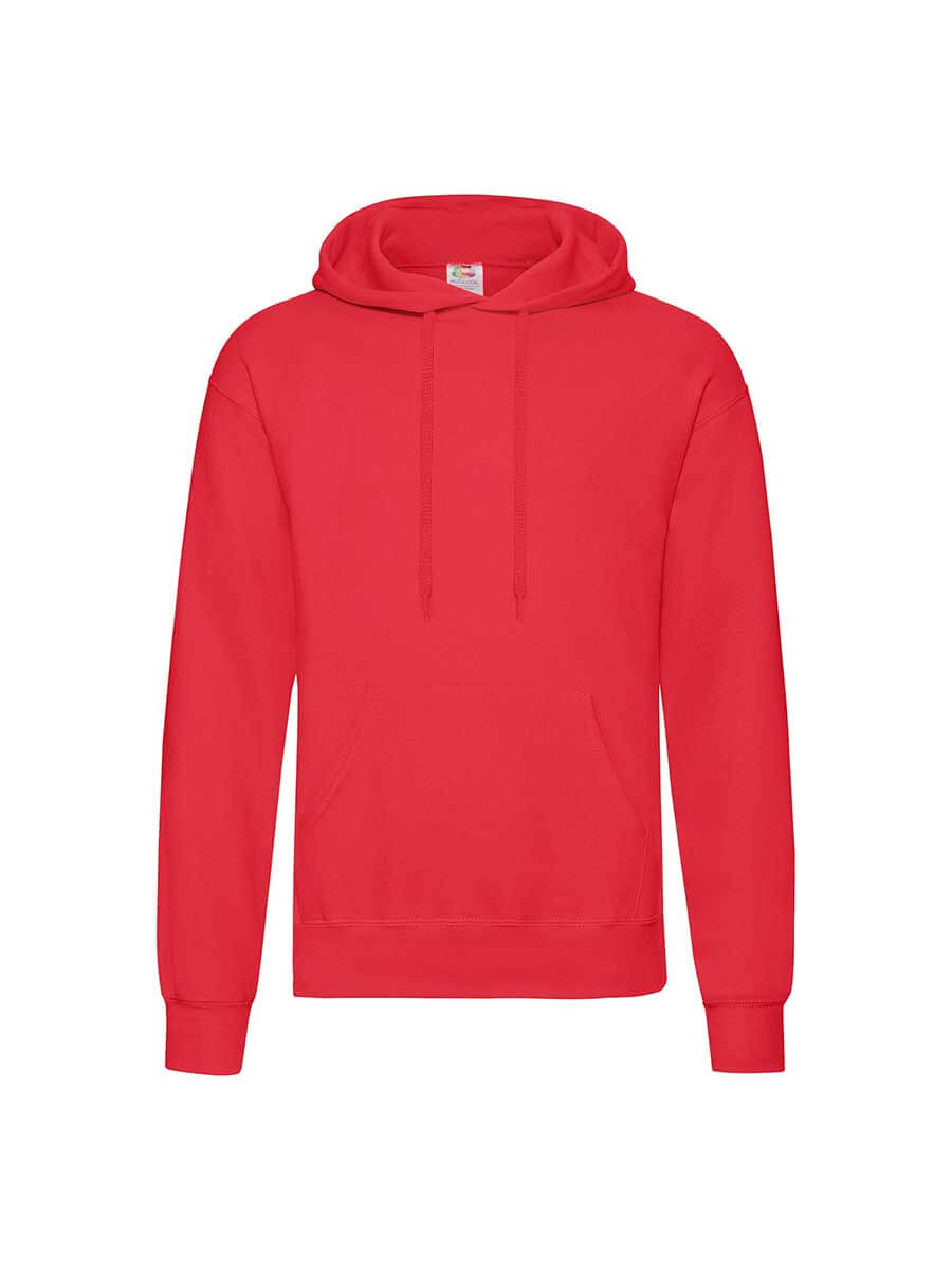 Felpa rossa con cappuccio, ideale per stampa personalizzata con logo o grafica aziendale. Perfetta per abbigliamento promozionale e merchandising.