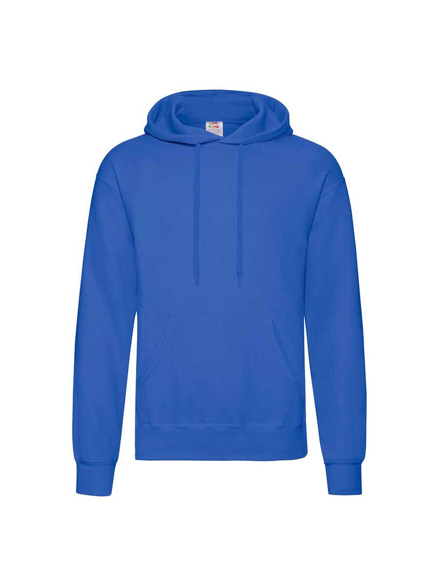 Felpa blu con cappuccio, ideale per stampa personalizzata con logo o grafica aziendale. Abbigliamento promozionale di alta qualità.