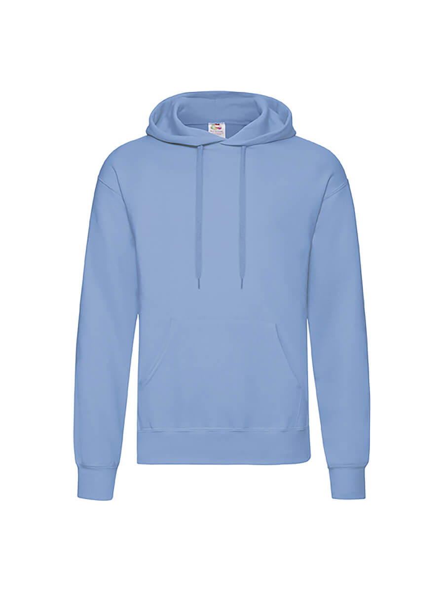 Felpa con cappuccio blu chiaro, ideale per stampa personalizzata con logo o grafica aziendale. Abbigliamento promozionale di alta qualità.