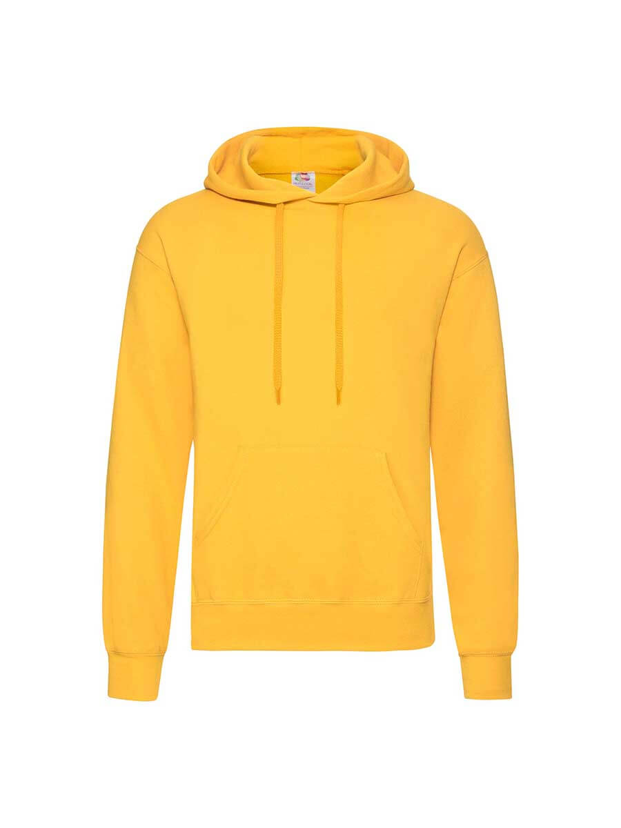 Felpa con cappuccio gialla, ideale per stampa logo aziendale o grafica personalizzata. Abbigliamento promozionale di qualità.