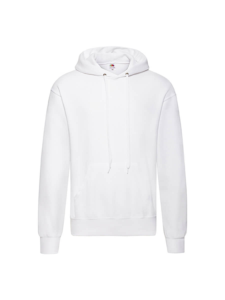 Felpa bianca con cappuccio, ideale per stampa personalizzata con logo o grafica aziendale. Abbigliamento promozionale di alta qualità.