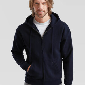 Felpa con cappuccio blu scuro personalizzabile con logo o grafica aziendale. Stampa online per abbigliamento promozionale.