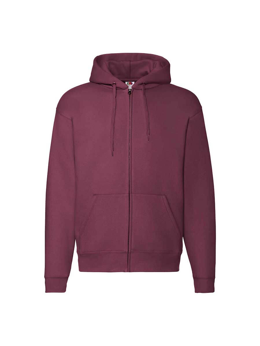 Felpa con cappuccio bordeaux con zip, ideale per stampa logo e grafica personalizzata. Abbigliamento promozionale per aziende.
