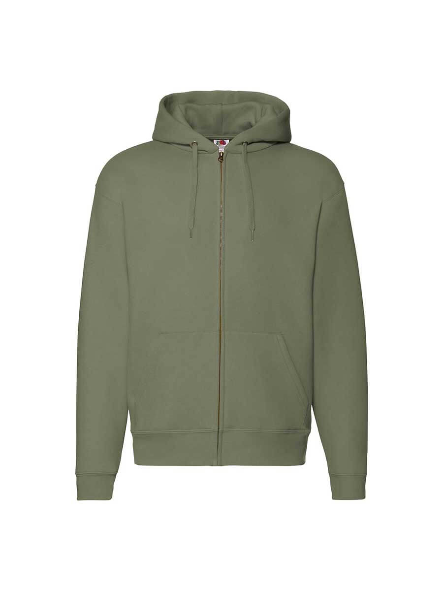 Felpa con cappuccio verde oliva, ideale per stampa personalizzata con logo aziendale o grafica promozionale. Abbigliamento promozionale online.