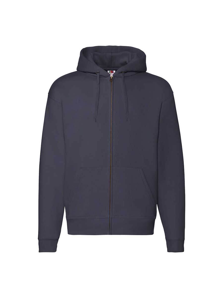Felpa con cappuccio grigio scuro personalizzabile con zip, ideale per stampa logo aziendale o grafica promozionale. Abbigliamento personalizzato online.
